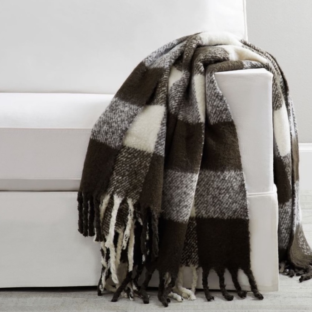 New Pottery Barn Holiday Buffalo Check Faux Mohair Throw Blanket Olive/Wht 50x60